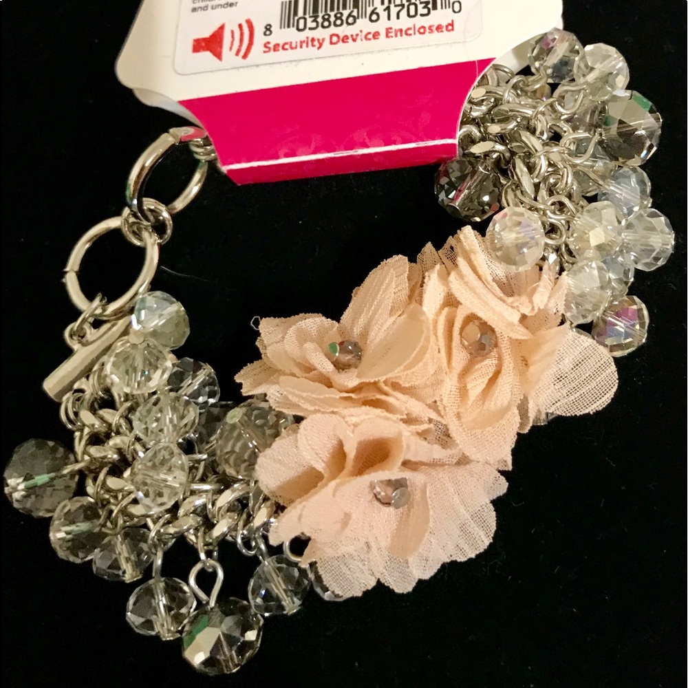 Peach Flowers w/Rhinestones Silver Bracelet (7”)